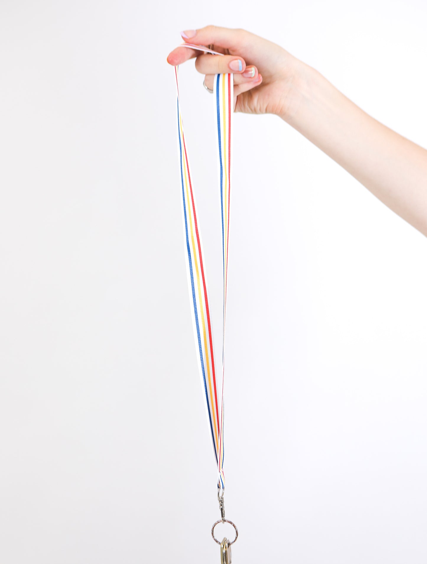 minimalist red, white, yellow and blue striped lanyard