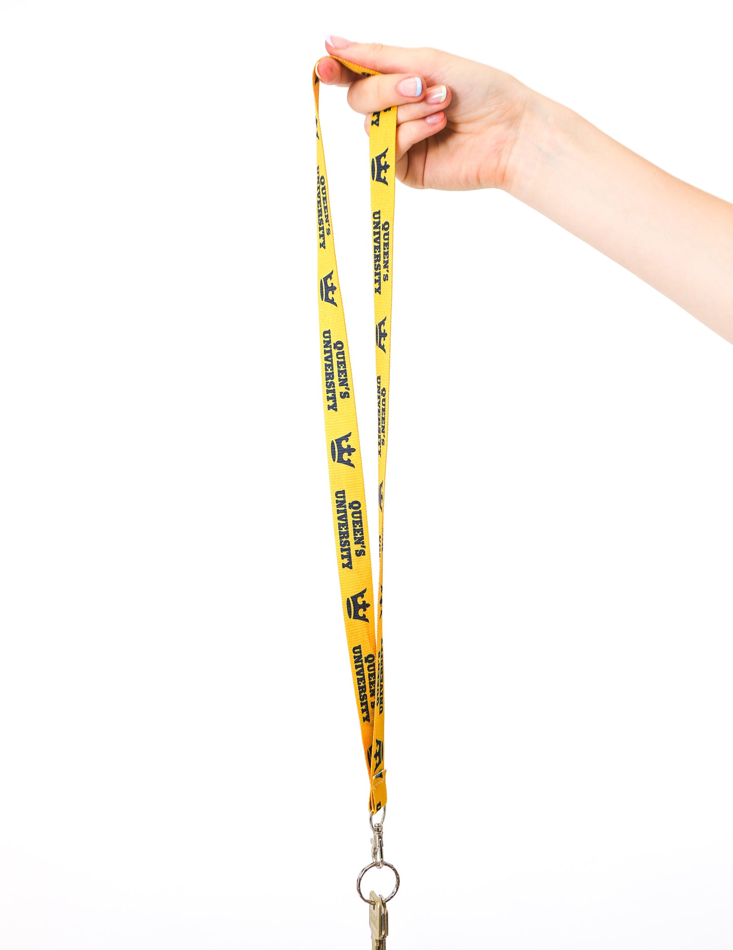 yellow lanyard with queens university logos in navy