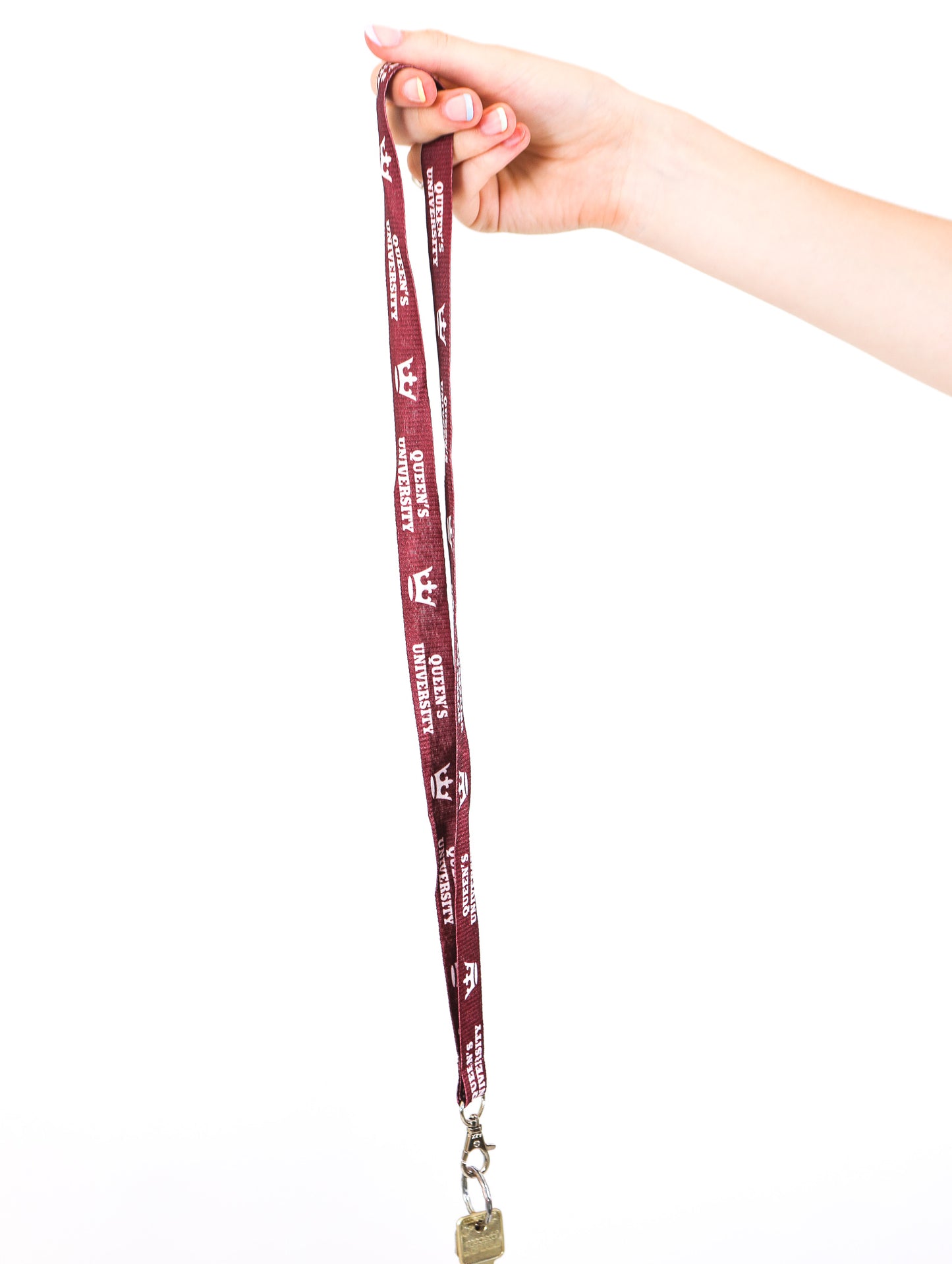 burgundy lanyard with queens university logos in white