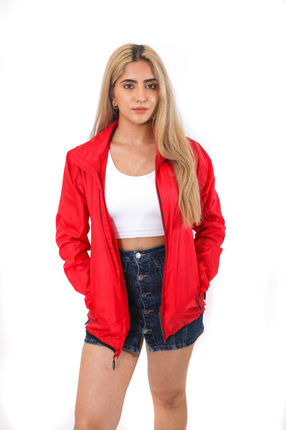 Front of red zip up rain jacket with red Queen's crest logo